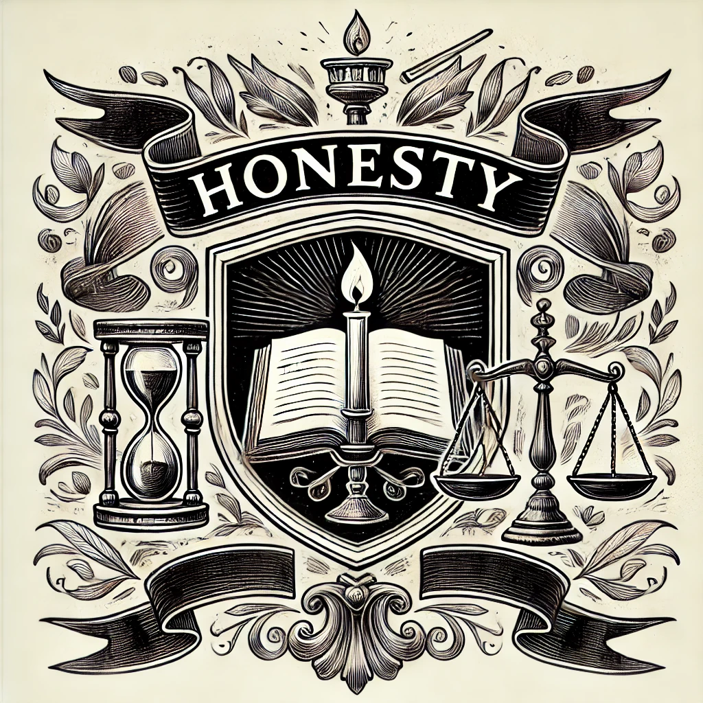 An illustrated coat of arms with an open book in the centre, scales to the right and a sand timer on the left.