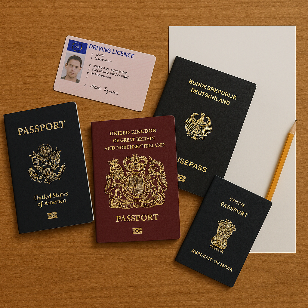 A photo of a number of different international passports on a table next to a piece of paper, pencil and drivers license