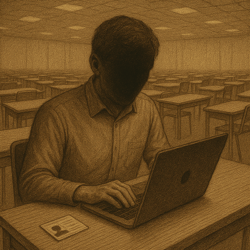 Yellow tinged sketch illustration of a man sat at a desk at a Mac laptop with his face blurred out, his ID next to him on the table.