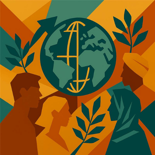 A graphic image of a globe in a blue/teal shade, with 3 people's outlines underneath. To the right, is a woman wearing traditional Muslim dress, to the left is the profile of a man and a woman with short hair.