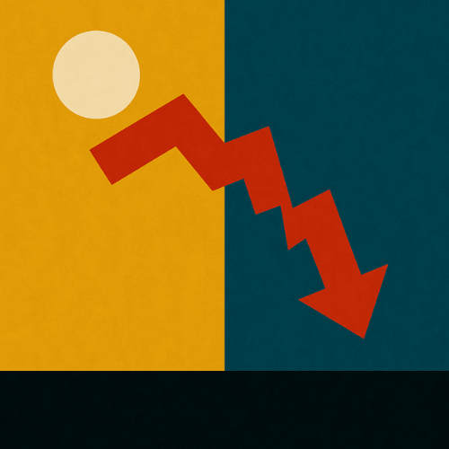 An abstract image, half yellow and half teal (split down the middle). An orange, zig-zag arrow points down, going across the page top-left to bottom-right, with a light yellow circle to the top-left.