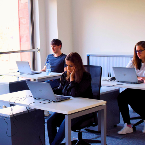 Three students sit at their desks taking an exam, facing the camera and looking at their computer screens. A window is to the left of the screen with sunlight streaming into the room - the two women and one man taking the test look very focused.