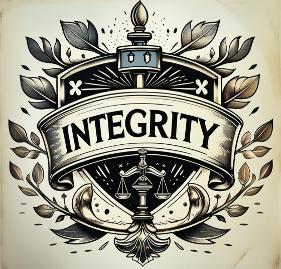 A graphic image in beige and black of a coat of arms with 'integrity' written across the front in a banner. Scales are illustrated underneath the banner and a wreath of leaves around it.