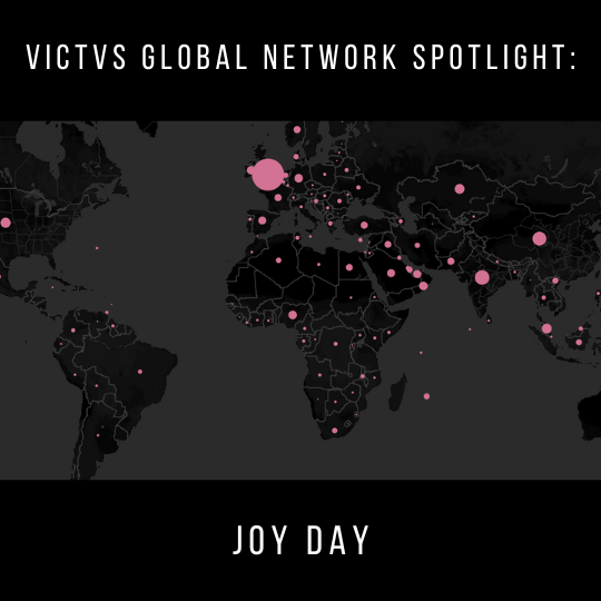 A black map of the world on a dark grey background, with pink dots on a selection of countries showing where members of our VGN network live.