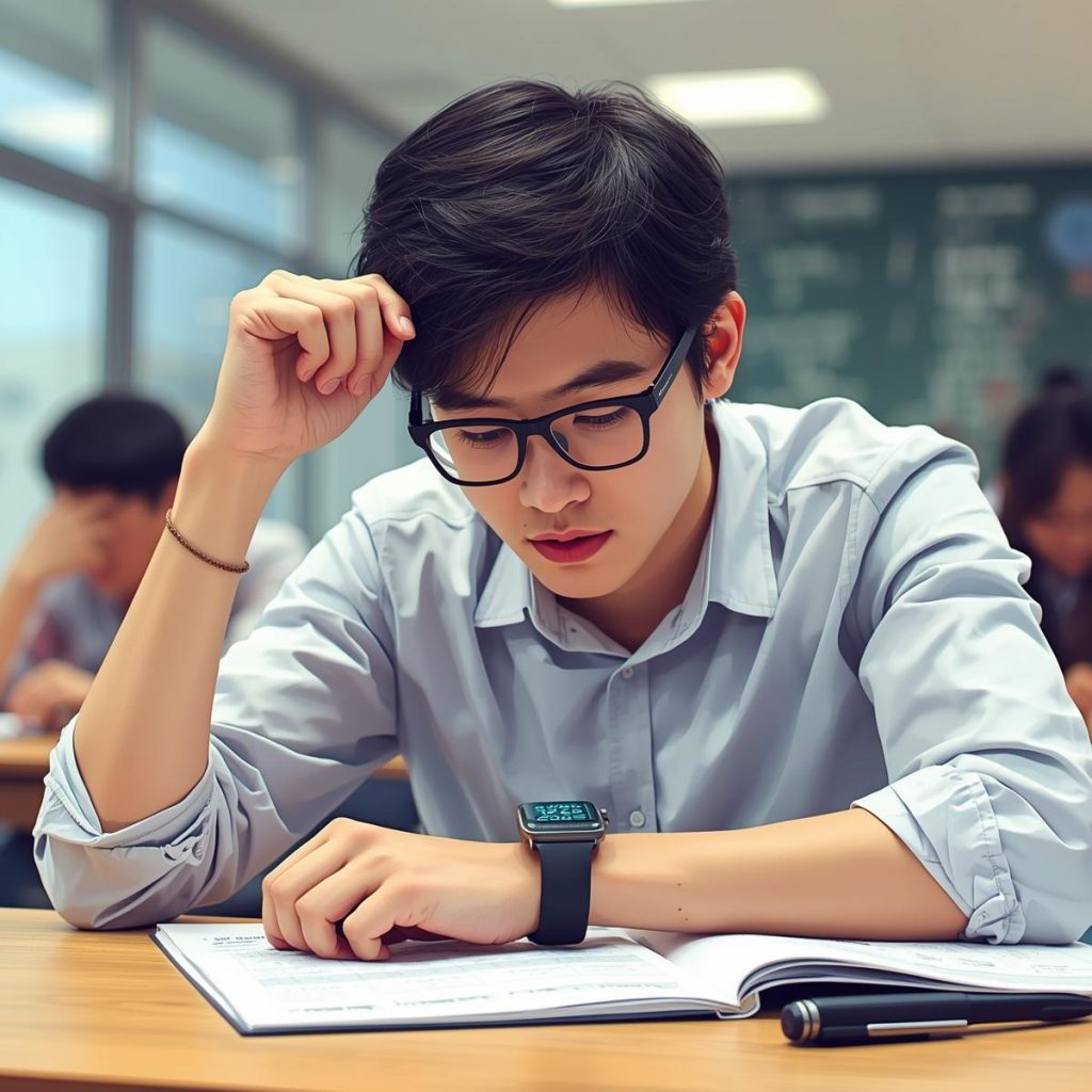 A male student sits in an exam hall, wearing subtle smart glasses and a smart watch. He is glancing down at his watch discreetly whilst taking an exam.